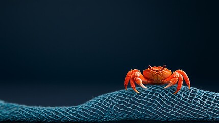 Bright orange crab perched on textured blue fishing net against dark background