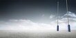 © vectorfusionart - Rugby goalposts with blue padding are standing on dusty field under cloudy sky in flat design