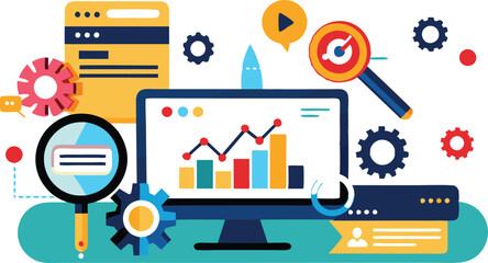 A illustrations depicting elements and concepts related to Search Engine Optimization (SEO)