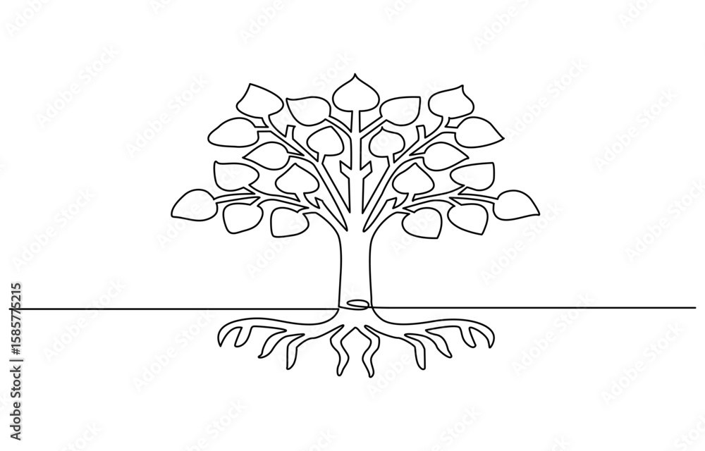 Tree Rots Line Drawing Continuous one line drawing of tree with the roots. Big Tree for green ...