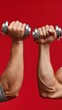 © OleksandrZastrozhnov - Two young caucasian males lifting silver dumbbells against red background