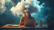 © Darren - Creative concept of a woman sitting at her desk with a cloud of smoke above her head- representing stress and mental overload in a symbolic- artistic style