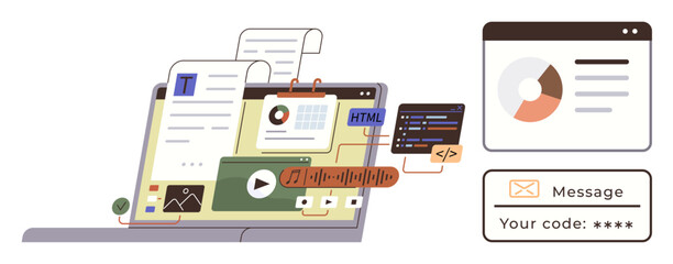 Laptop displaying multimedia files, coding snippets, graphs, and web development tools. Includes message security and analytics. Ideal for web design, coding, data security, app development business