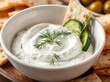 © Cynthia - Creamy Dip Delight: A close-up captures the tantalizing allure of a creamy dip in a pristine white bowl, garnished with fresh herbs and crisp cucumber slices.