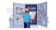 © Luther - Skilled technician inspecting complex electrical panel and wiring diagrams during routine maintenance and system diagnostics
