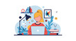 © Box Office - A blonde woman is diligently working on her laptop at a desk, surrounded by books and plants in a modern flat illustration style.