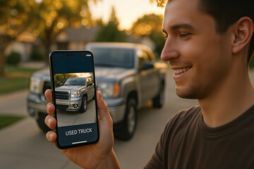 Buying a used truck. A young man uses a smartphone app to shop for a used truck online.