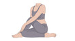 © Komang - Faceless woman in grey sportswear performing a seated spinal twist yoga pose illustration.