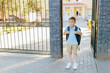 © Alexandr - Little Student in Uniform Standing by the School Gate Alone