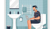 © Digital Asset Studio - A man wearing headphones and working on a laptop while sitting on a toilet in a modern bathroom, representing remote work and unconventional office spaces.