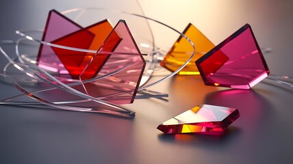 Wall Mural - faceted glass shards with metallic wire geometric transparent