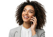 © Image stock - Smiling woman with curly hair talking on the phone isolated on transparent background