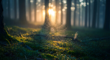 Water droplets on a spider web with soft backlight – magical forest feel
