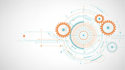 A technical blueprint-style digital illustration with a white background featuring mechanical and technological elements.