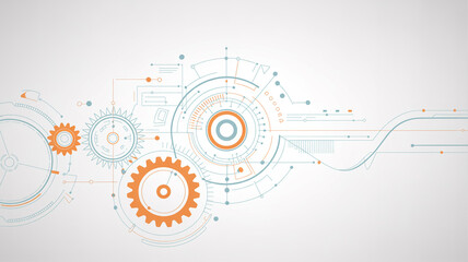 A technical blueprint-style digital illustration with a white background featuring mechanical and technological elements.