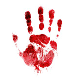 A single red bloody handprint on a white background showcasing the human fingerprint detail.