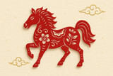 Elegant red paper cut horse with floral patterns symbolizing good fortune, chinese new year luck, festive traditional decoration