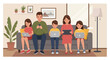 © SENAVART - Family addicted to digital devices sitting together but disconnected, flat vector illustration