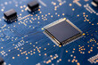 © A2Z AI  - Close-up of a microchip on a blue circuit board, highlighting the intricate network of circuits and connections. The components show technology advancement.
