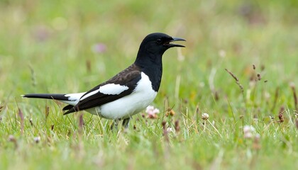 black and white bird in grass
