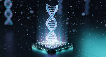 Abstract DNA double helix emerging from a microchip, representing genetic engineering and biotechnology concept
