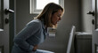 © Cliff - Woman near the toilet holding her stomach suffering from vomiting and rotavirus infection