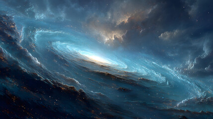 Wall Mural - Celestial Vortex A Swirling Blue Nebula Envelops A Distant Planet