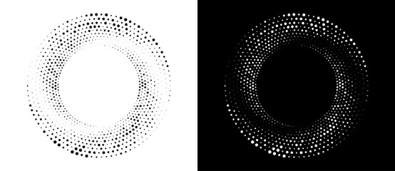 Wall Mural - Modern abstract background. Halftone dots in circle form. Round logo. Vector dotted frame. Design element or icon, logo. Black shape on a white background and the same white shape on the black side.