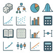 © Іван Ніколов - Dice, probability tree, pie chart, bell curve, regression curve, scatter plot, histogram, calculator, statistics book, sample data, bar chart, confidence interval, data