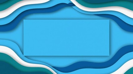 Wall Mural - Rectangular blue frame surrounded by layered curved stripes in shades of blue teal and white