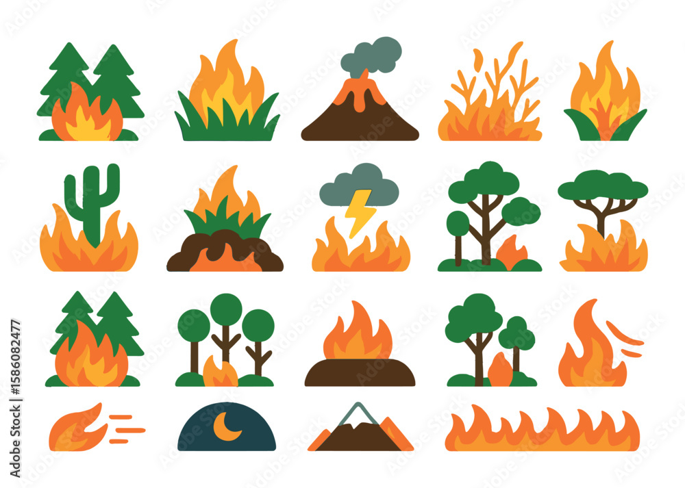 Fire Types Cartoon Types of fire in nature modern flat style. forest fire, grassland blaze ...