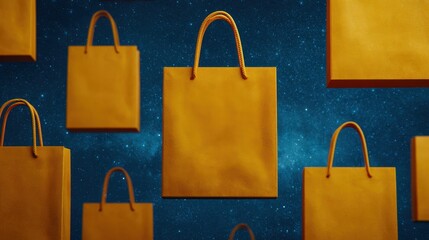 Wall Mural - Future store design concept, Colorful shopping bags floating against a starry backdrop, creating a whimsical shopping theme.