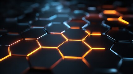 An abstract blue technology background featuring a geometric hexagonal honeycomb pattern with a digital molecular structure and network concept illustration