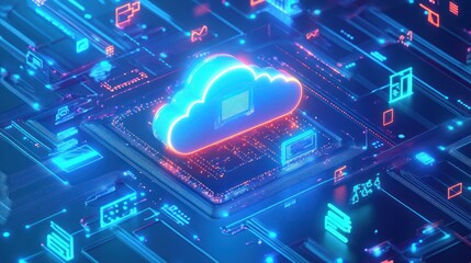 Wall Mural - A glowing cloud icon on a circuit board