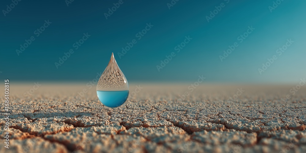 single water droplet on cracked dry soil, blue sky background, drought ...