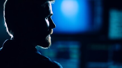 A male developer focused in a dark room, illuminated by the glow of a computer screen.
