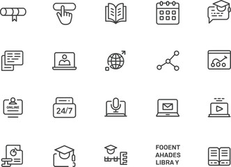 Outline Education Icons Set with Online Course, Graduation Cap, and Globe Elements