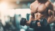 © AI Images - Male muscular bodybuilder lifting dumbbell during workout at gym heavy training session.