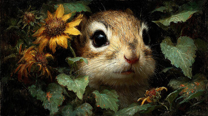 Canvas Print -   A zoomed-in photo of a tiny creature surrounded by a sea of foliage, with a towering sunflower in the foreground