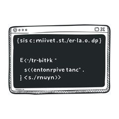 Sketch of source code on desktop application interface with programming symbols. Hand drawn vector illustration