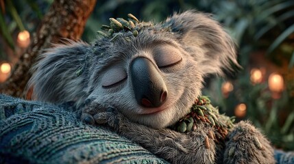 Canvas Print -   Close-up of a koala asleep on top of a person's arm against a lit background
