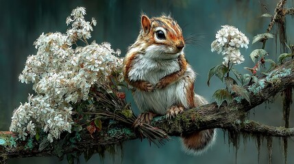 Canvas Print -   A squirrel perched on tree branch amidst blooming white flowers against a blue canvas