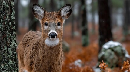 Canvas Print -   A close-up of a deer in a winter forest, surrounded by snowy trees