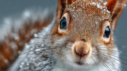 Canvas Print -   A close-up of a snowy squirrel's face with a piercing blue eye