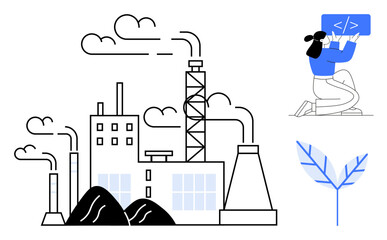 factory emitting smoke, programmer coding for green initiatives, symbolized leaf. ideal for sustaina