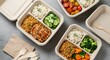 © KingWhite - Balanced meal prep containers showcasing grilled chicken, rice, vegetables, and wooden cutlery for healthy eating