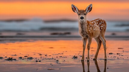 Canvas Print -   Deer on Beach with Sunset