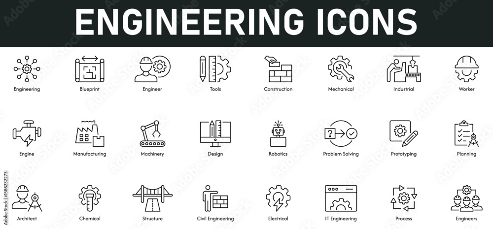 Engineering Icons vector illustration with thin line editable stroke ...