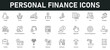 © Clerk - Personal finance Icons vector illustration with thin line editable stroke containing budget, saving, investment, expense, income, tax, loan, mortgage, bank, money, wallet, ATM, finance, piggy bank