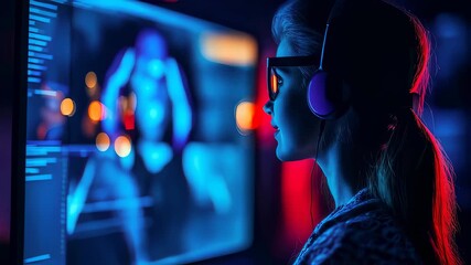 Woman focused on screen with vibrant colors